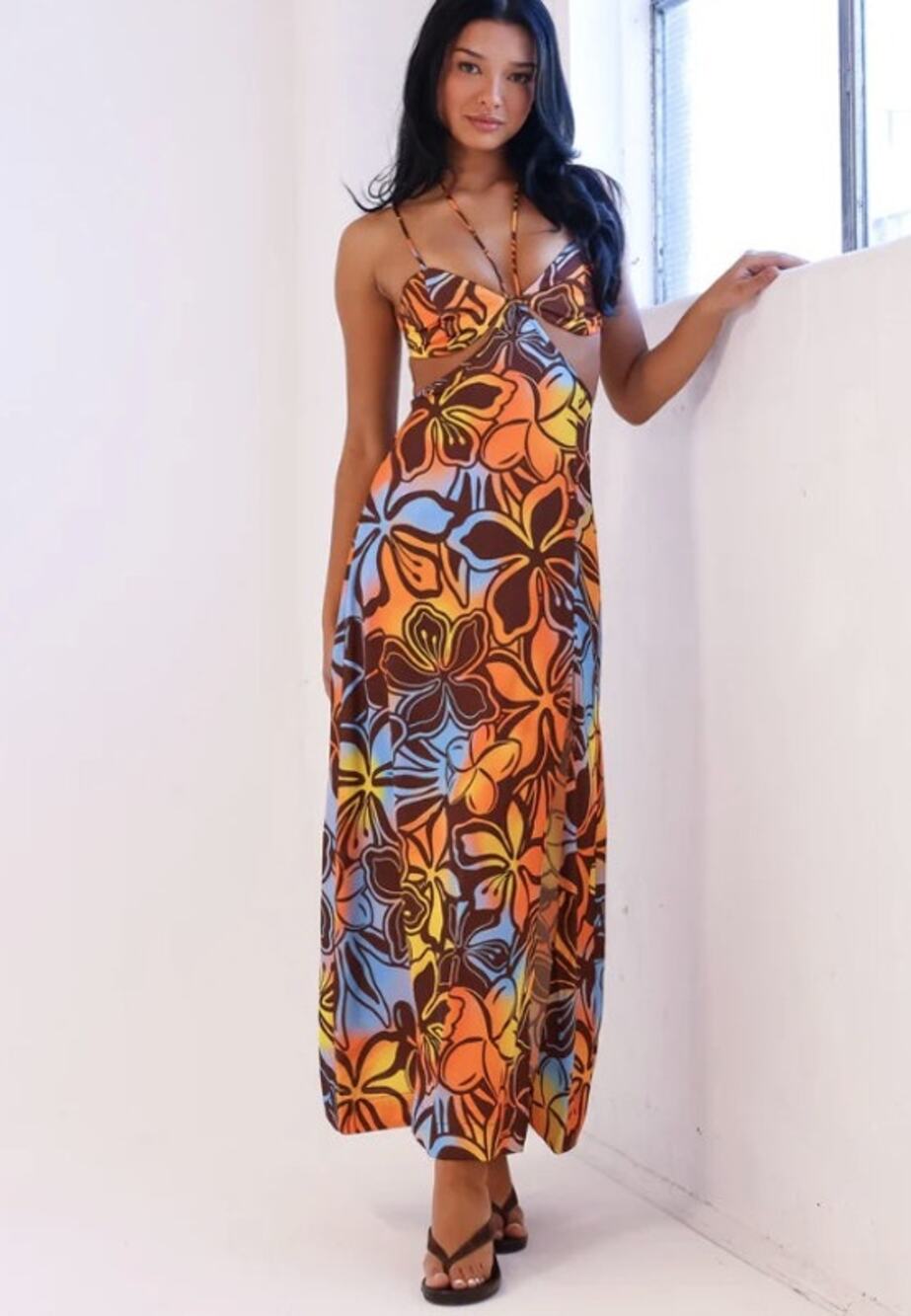 NWT Kulani Kinis Strappy Cut Out Maxi Dress Sz M vibrant floral print side slit